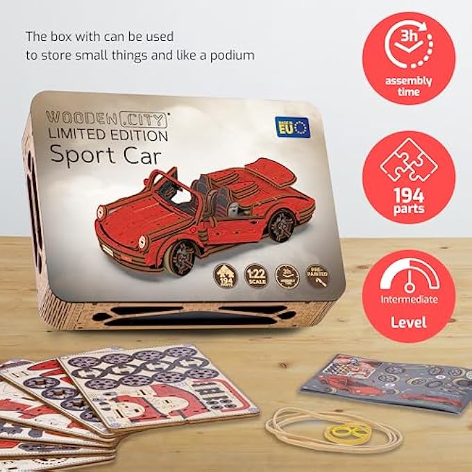 VINTAGE CARS SPORT CAR LIMITED EDITION - DIY 3D WOODEN MODEL KITS FOR ADULTS TO BUILD CARS - 3D WOODEN PUZZLES FOR ADULTS BRAIN TEASER FOR 15+ TEENS - 194 PARTS 1/22 SCALE WOODEN CAR KIT - Image 4